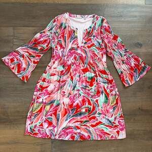 Sunny Leigh Floral Knee Length Long Sleeve Shift Dress ~ Size Large